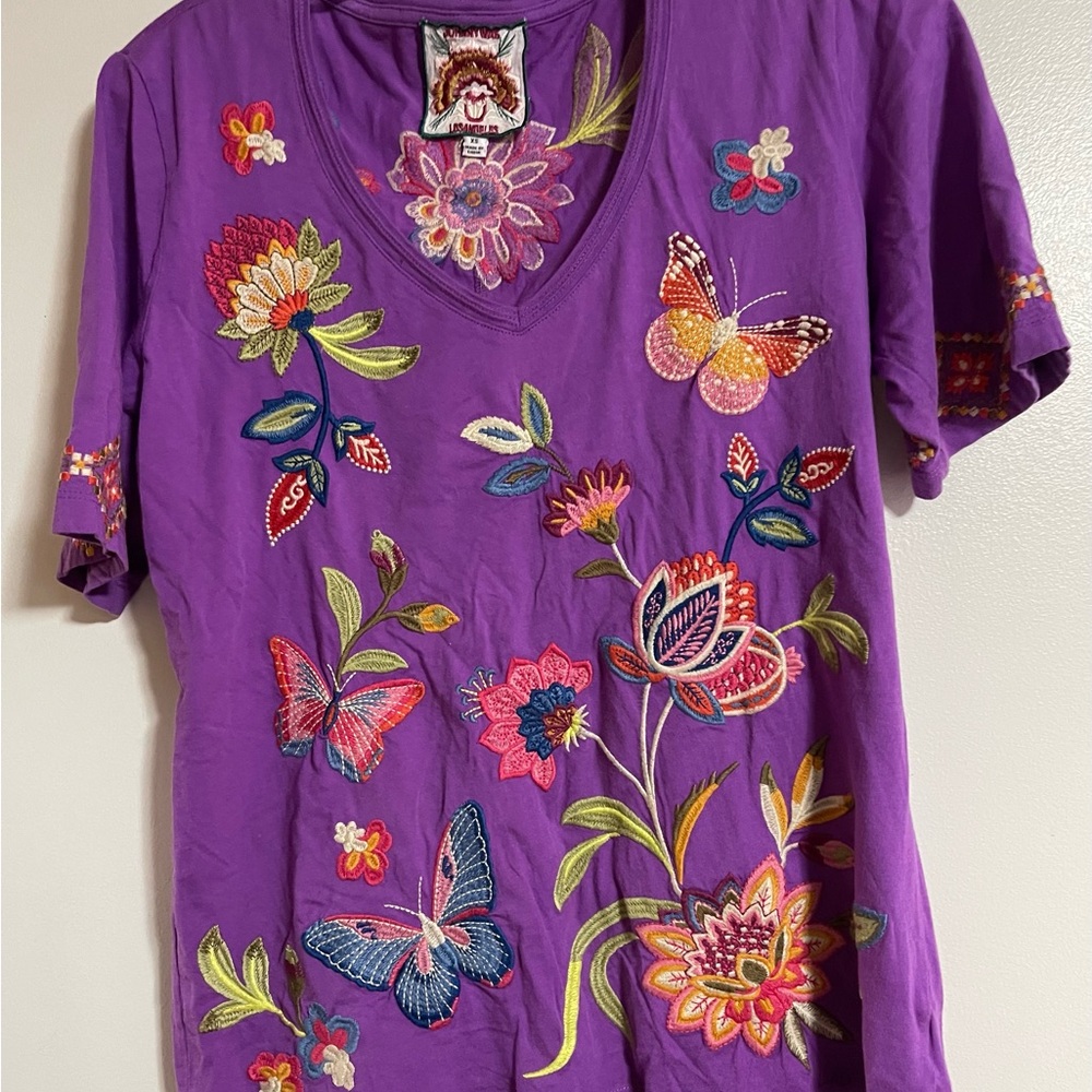 Johnny Was Purple Floral Embroidered Women's Top XS